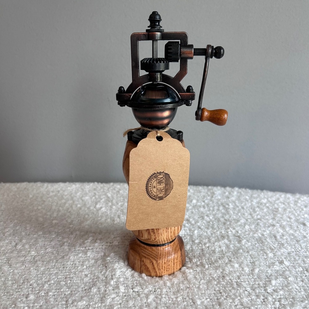Michael Hinsche Handcrafted Oak Wood Pepper Mill Antique Copper Crank Grinder